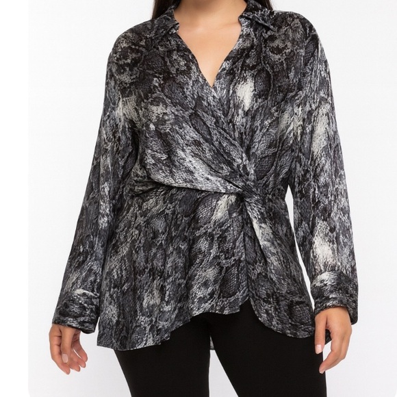 Vince Camuto blouse top faux wrap snake skin print long sleeve black/white SZ L - Picture 1 of 11